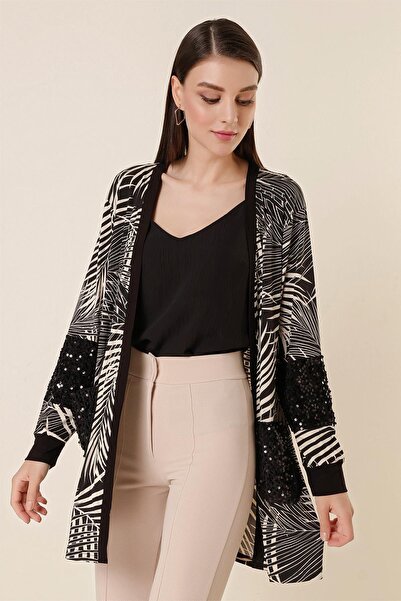 By Saygı Leaf Patterned Pocketed Lycra Cardigan with Sequin Detail