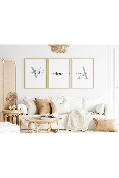 Efsa Sanat Tasarım İsme Özel Minimal Sevgi Bağı Çerçevelği 3'lü Tablo Seti - Çiftlere Özel 3'lü Tablo Seti