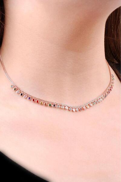 Sümer Telkari Choker Rose Gümüş Mix Sıra Taşlı Tasarım Kolye 6471