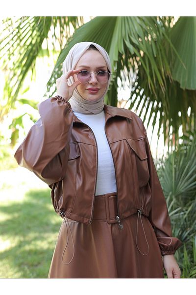 Modamorfo Lederjacke mit elastischem Bund und Reißverschluss – Hellbraun