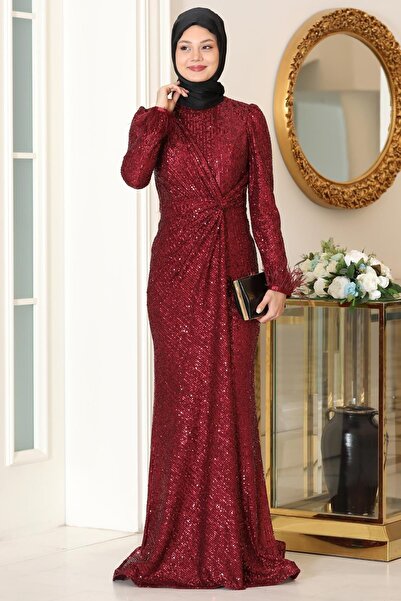 SUBU TASARIM Burgundy Huma Evening Dress - Tbssn84
