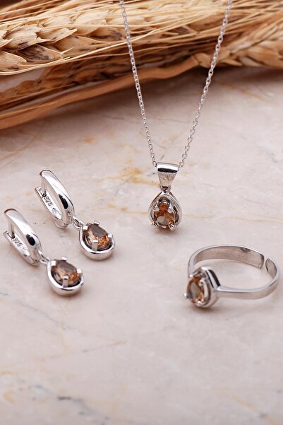 Sümer Telkari Sultan Taşlı Rodyumlu Damla Gümüş Set 2347