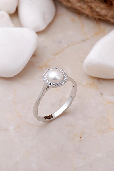 Sümer Telkari İnci Taşlı Rodyumlu Gümüş Trend Yüzük 3479