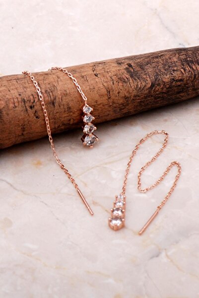 Sümer Telkari Rose Gümüş Sıra Taşlı Zincir Küpe 5083