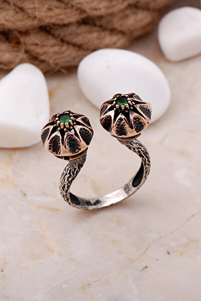 Sümer Telkari Kök Zümrüt Taşlı Çift Başlıklı Gümüş Yüzük 211