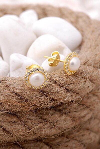 Sümer Telkari İnci Taşlı Altın Yaldızlı Gümüş Trend Küpe 5753