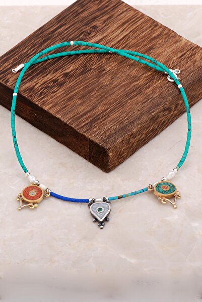 Sümer Telkari Doğal Taşlı Mozaik İşlemeli Gümüş Kolye 6529