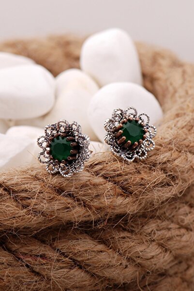 Sümer Telkari Zümrüt Taşlı Telkari Elişi Gümüş Küpe 5581