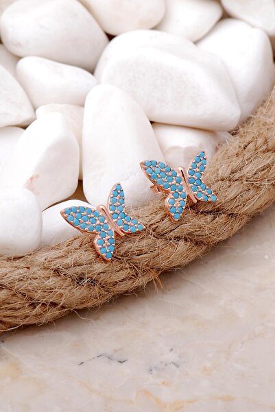 Sümer Telkari Turkuaz Taşlı Kelebek Rose Gümüş Küpe 5806