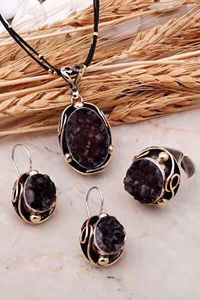 Sümer Telkari Doğal Ametist Taşlı Elişi Gümüş Set 2448