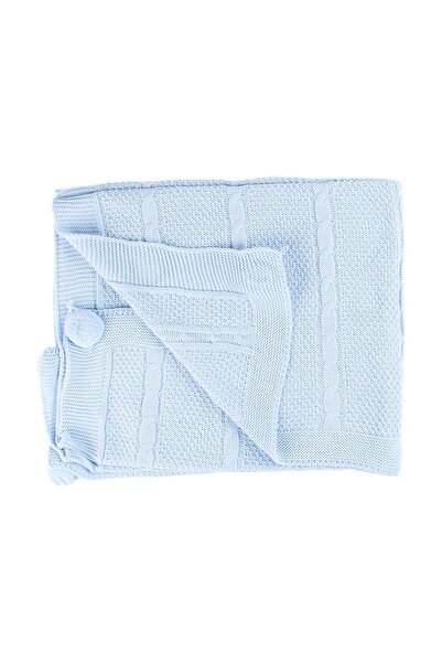 bebegen Erkek Bebek Mavi Örgü Desenli Ponponlu Triko Battaniye 80x90