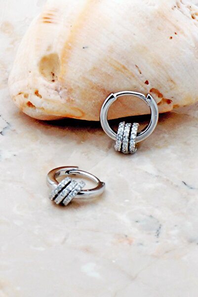 Sümer Telkari Rodyumlu 12 Mm Taşlı Halka Gümüş Küpe 5267