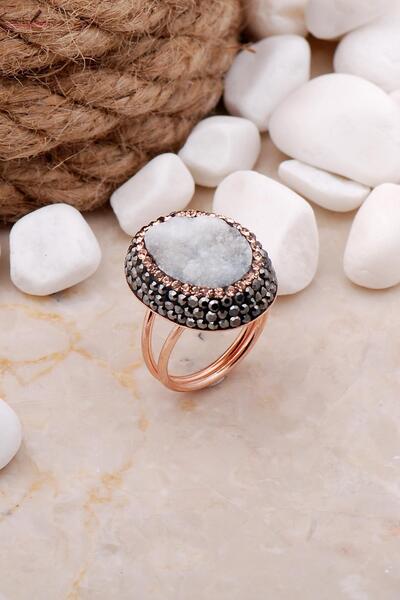 Sümer Telkari Doğal Kalsedon Taşlı Oval Rose Gümüş Yüzük 3294