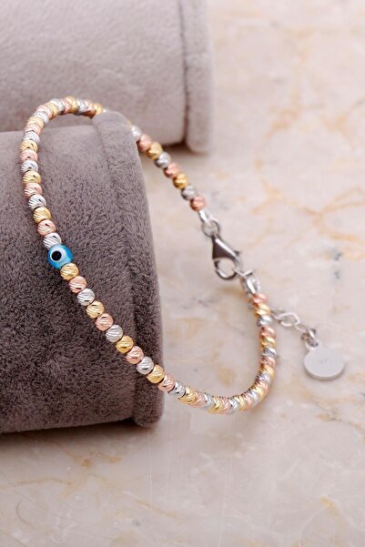 Sümer Telkari Dorika Altın Yaldızlı Rose 925 Ayar Gümüş Nazar Boncuklu Bilezi...