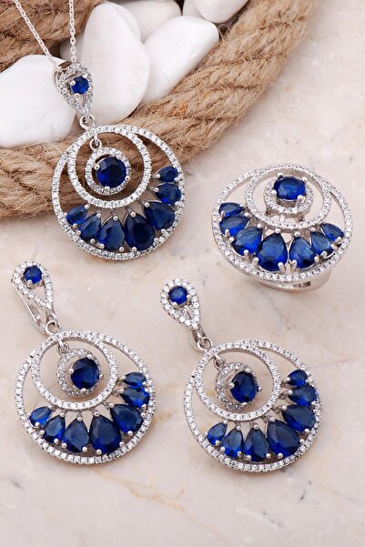 Sümer Telkari Safir Taşlı Tasarım Rodyumlu Gümüş Set 28