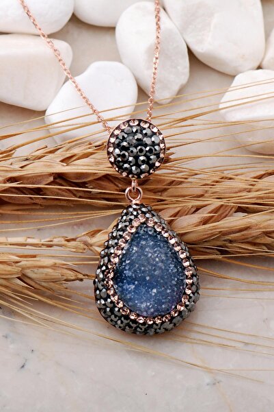 Sümer Telkari Doğal Kalsedon Taşlı Damla Rose Gümüş Kolye 7443