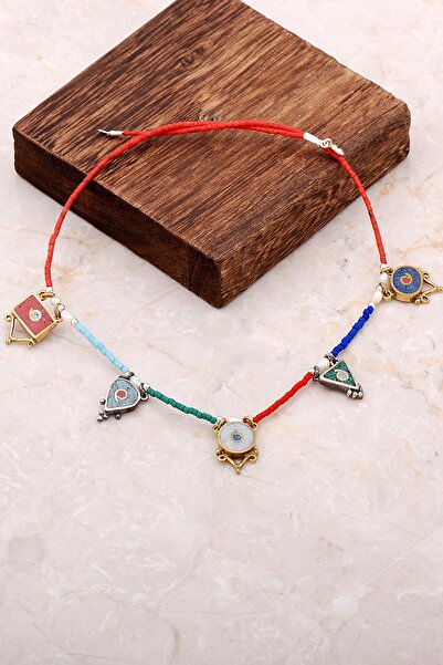 Sümer Telkari Doğal Taşlı Mozaik İşlemeli Gümüş Kolye 6841