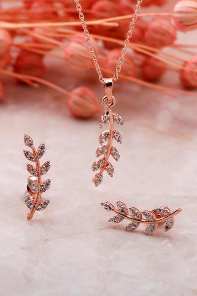 Sümer Telkari Yaprak Tasarım Beyaz Rose Gümüş Ikili Set 2344