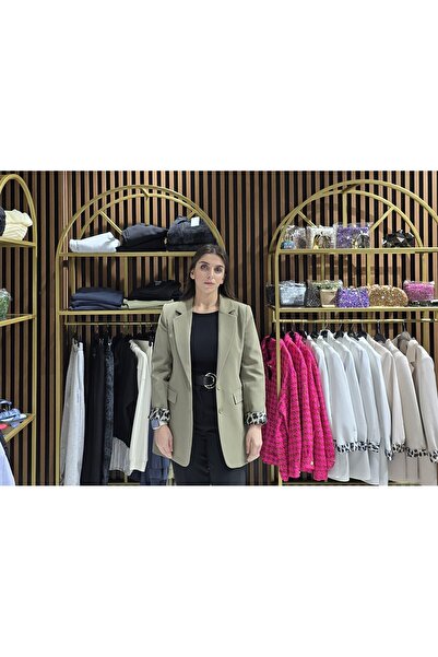 Omka Moda Yeşil Blazer Ceket Leopar Astarlı