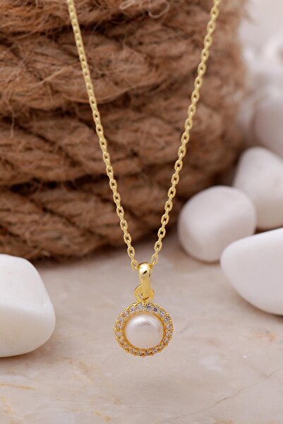 Sümer Telkari İnci Taşlı Altın Yaldızlı Gümüş Trend Kolye 7633