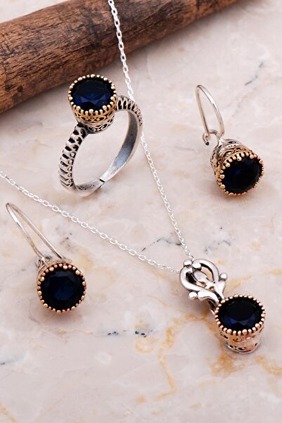 Sümer Telkari Safir Taşlı Elişi Tasarım Gümüş Set 2053