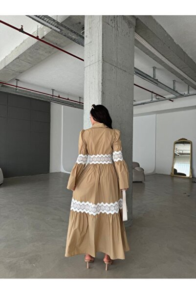 WellWay Εισαγόμενο ύφασμα ποπλίνα & μακρύ πουκάμισο με λεπτομέρεια δαντέλας-μπεζ