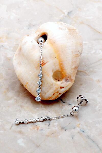 Sümer Telkari Taşlı Tasarım Gümüş Zincir Küpe 5311