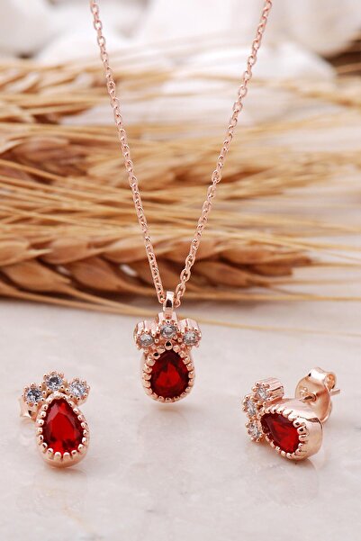 Sümer Telkari Lal Taşlı Damla Rose Gümüş Set 2471