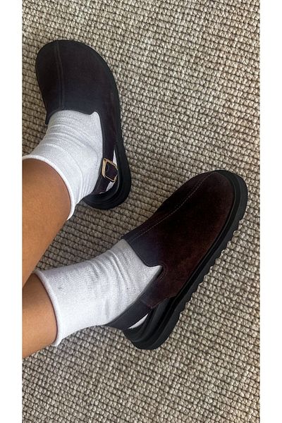 SİBA SHOES Haven Belt Detailed Flat Sole Bitter Brown Genuine Suede Leather Women's Slippers