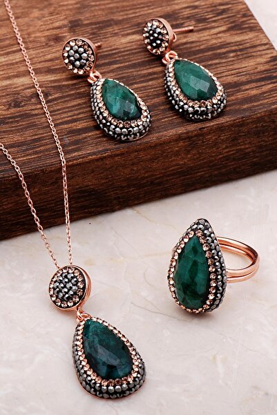 Sümer Telkari Kök Zümrüt Taşlı Damla Rose Gümüş Set 2074