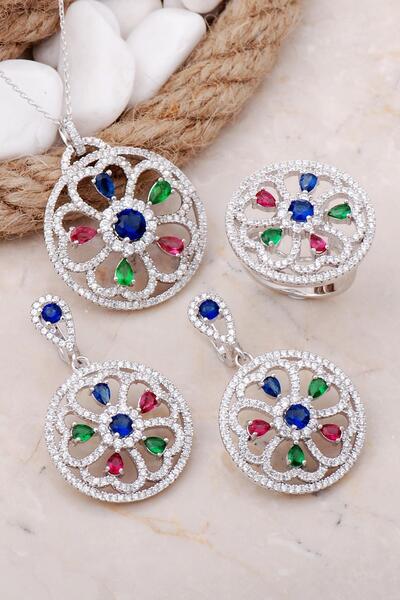 Sümer Telkari Çiçek Tasarım Rodyumlu Gümüş Set 25