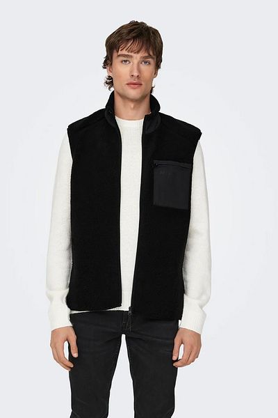 Only & Sons Vestă pentru bărbați, cu guler în picioare, cu un singur buzunar, din material de pluș 22025611   Negru