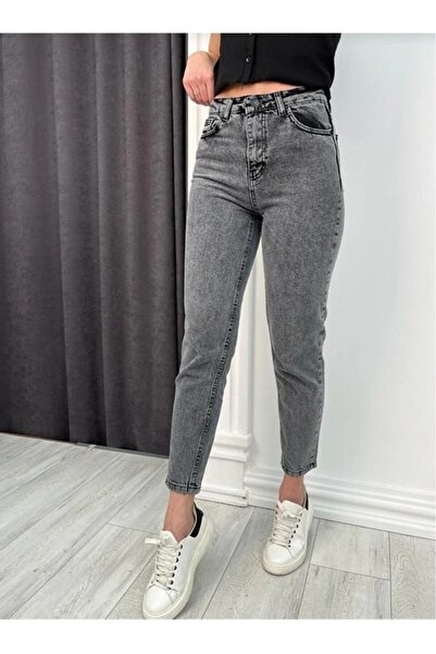 BROSERER Jeewlry Ψηλόμεσο Mom Jeans, ελαστικό με λύκρα, σε πλυμένο και γκριζω...