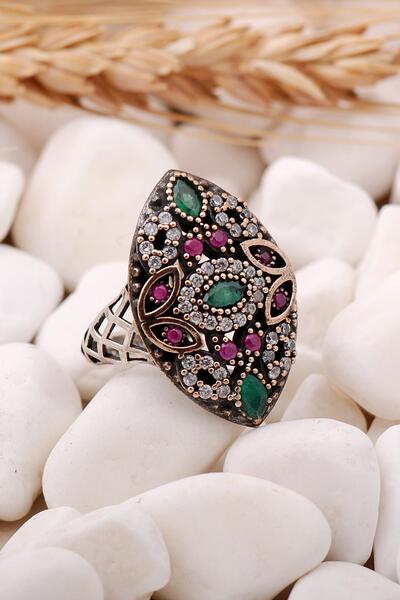 Sümer Telkari Kök Yakut Ve Kök Zümrüt Taşlı Mekik Gümüş Yüzük 81