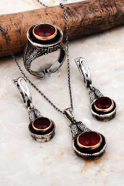 Sümer Telkari Yakut Taşlı Tasarım Elişi Gümüş Set 2274