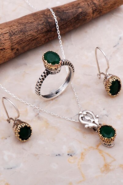 Sümer Telkari Kök Zümrüt Taşlı Elişi Tasarım Gümüş Set 2060