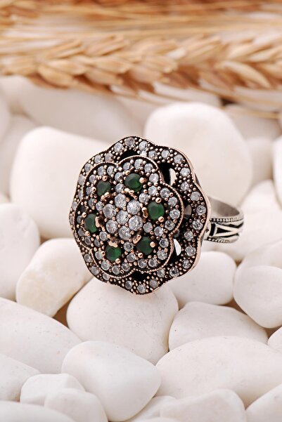 Sümer Telkari Kök Zümrüt Taşlı Çiçek Elişi Gümüş Yüzük 144
