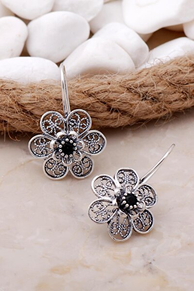 Sümer Telkari Oniks Taşlı Çiçekli Telkari Elişi Gümüş Küpe 5785