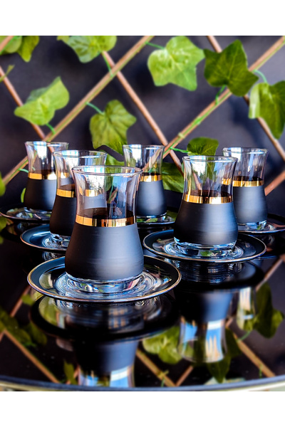 SEÇKİNEV Eva Blackline Gerçek Yaldızlı 12 Parça Çay Takımı&Bardak