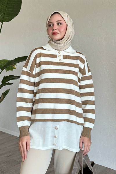 InStyle Milchbraune Strick-Tunika mit Knöpfen am Saum