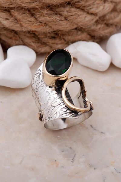 Sümer Telkari Kök Zümrüt Taşlı Çekiç Dövme Elişi Gümüş Yüzük 3319