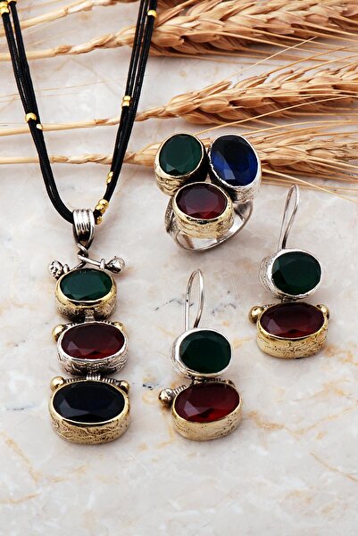 Sümer Telkari Doğal Taşlı Gümüş Tasarım Set 868