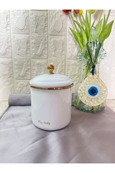 missbety Porselen Kapaklı Emaye Kavanoz 13 Cm Kavanoz - Beyaz