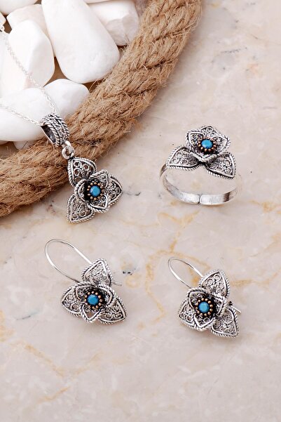 Sümer Telkari Açelya Çiçeği Turkuaz Taşlı Telkari Elişi Gümüş Set 2547