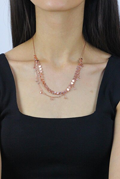 Sümer Telkari Taşlı Ve Pullu Üçlü Tasarım Rose Gümüş Kolye 7277