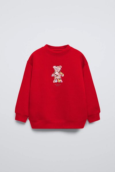The Champ Clothing Червен детски суитшърт с флорален принт на плюшено мече и кръгло деколте