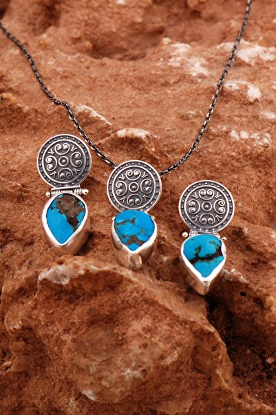 Sümer Telkari Turkuaz Taşlı Elişi Tasarım Gümüş Set 2205