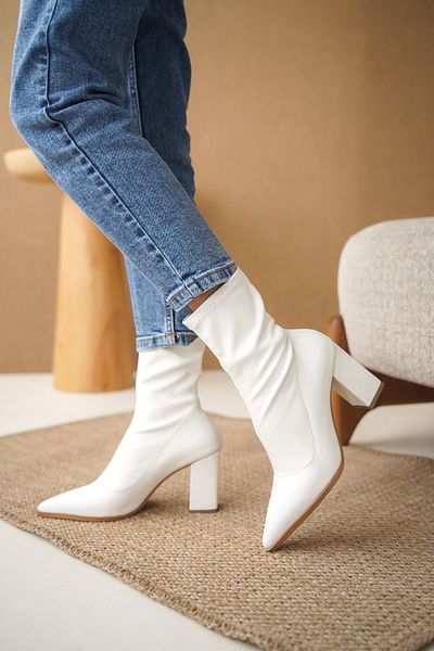 MODAADAM Cizme albe Cooper Stretch cu toc gros pentru femei