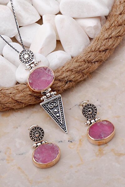 Sümer Telkari Pembe Kuvars Elişi Antik Tasarım Gümüş Set 2098