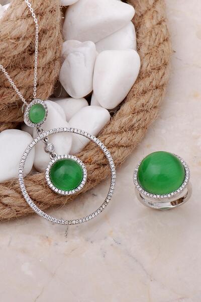 Sümer Telkari Kedi Gözü Taşlı Tasarım Rodyumlu Gümüş Set 32